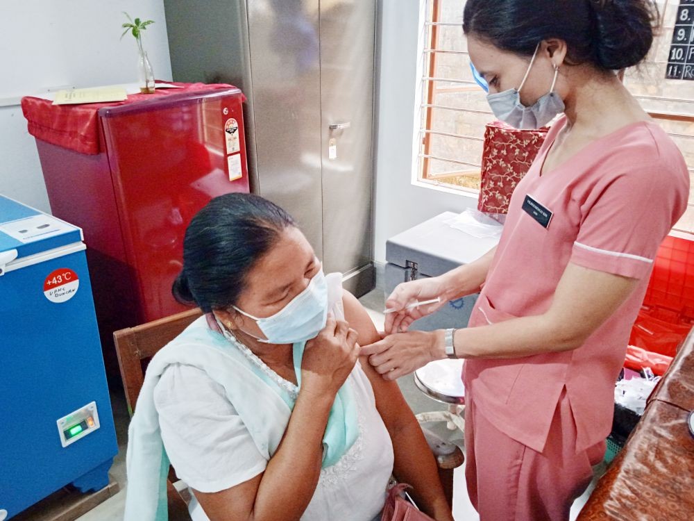 A woman gets vaccinated at UPHC Duncan, Dimapur on April 22. (Morung Photo)